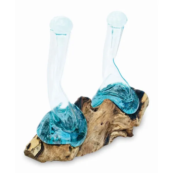 Molten Glass Oil And Vinegar Bottles On Root Sculpture