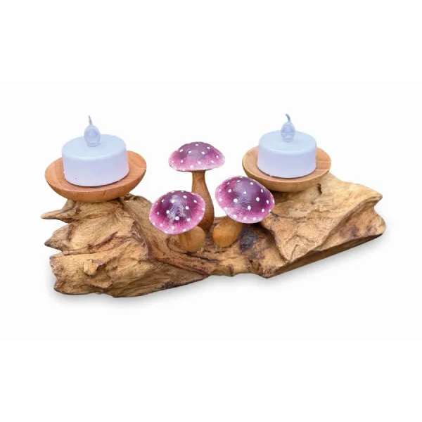 3 Violet Closed Cap Mushrooms With Double Candle Holder Low