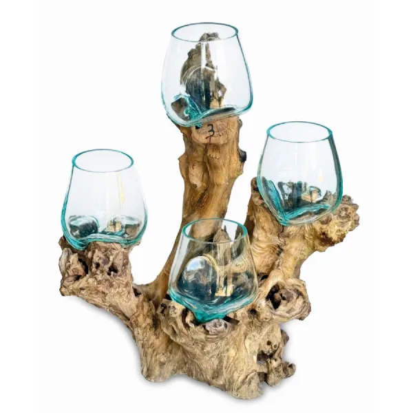 Clear Glass Bowl Quadruple Sculpture Teak Root Base