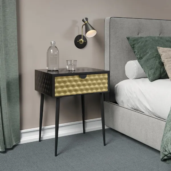 Black Honeycomb Design Bedside Cabinet Gold Drawer
