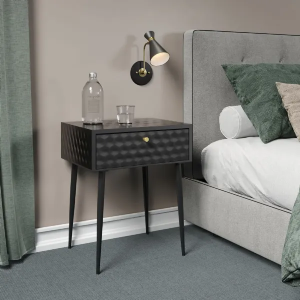 Black Honeycomb Design 1 Drawer Bedside Table Metal Legs