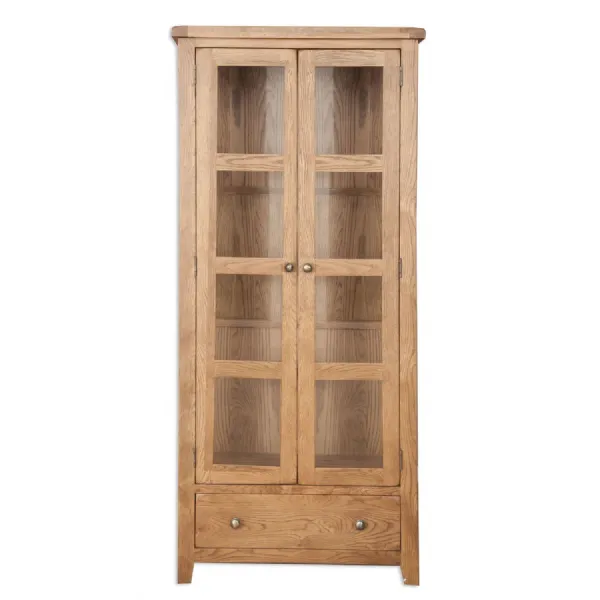 Rustic Oak Display Cabinet with Glass Doors and Storage Drawer