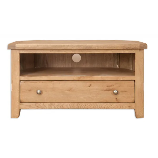 Rustic Oak Corner TV Cabinet with Drawer and Open Media Shelf