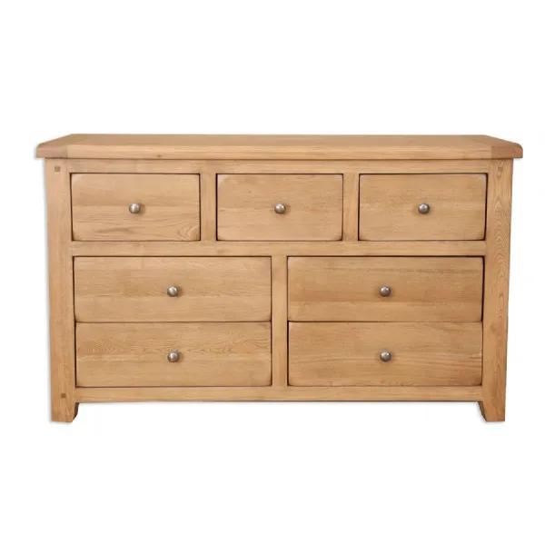 Rustic Oak 7 Drawer Wide Chest of Drawers with Rounded Corners
