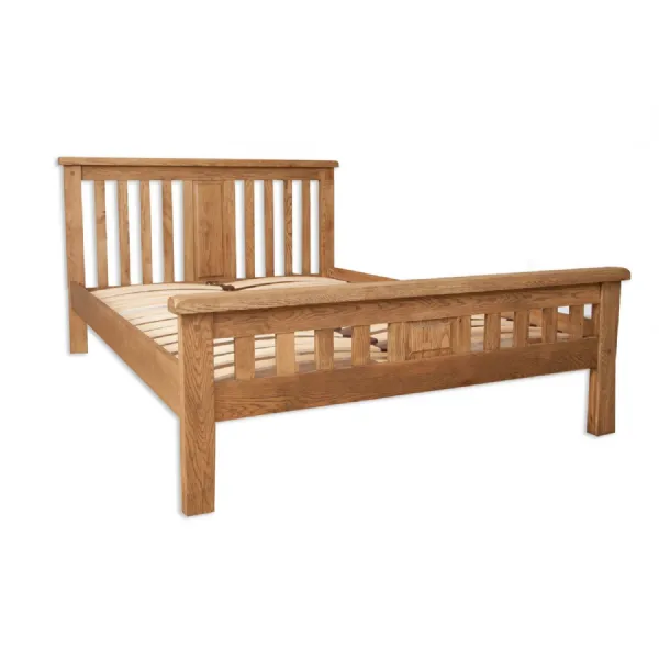 Rustic Oak Double Bed Frame with Slatted Headboard and Footboard