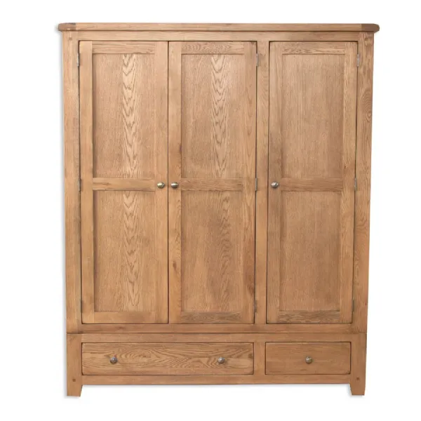 Rustic Oak 3 Door Wardrobe with Full Hanging Storage and 2 Drawers
