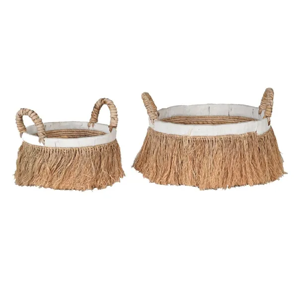 Set of 2 Round Natural Fringed Baskets