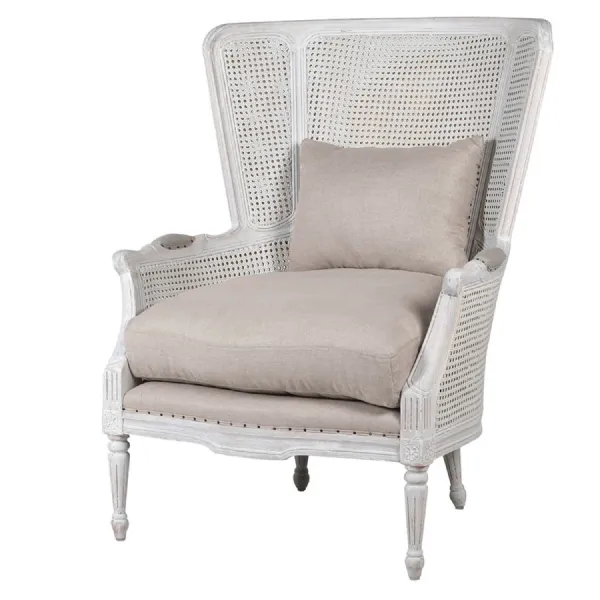 White Rattan Winged Chair with Cushions