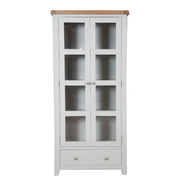 Modern Grey Painted Display Cabinet with Rustic Oak Top and Glazed Doors