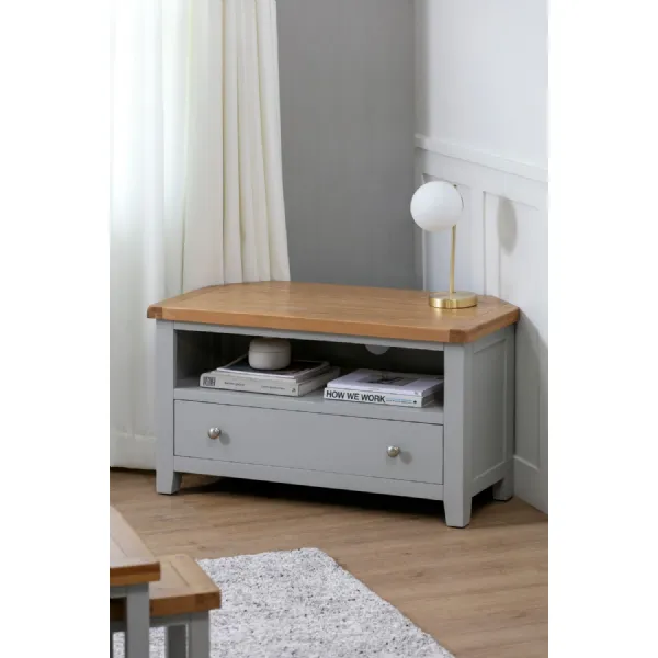 Modern Grey Painted Oak Corner TV Cabinet with Drawer and Open Media Shelf