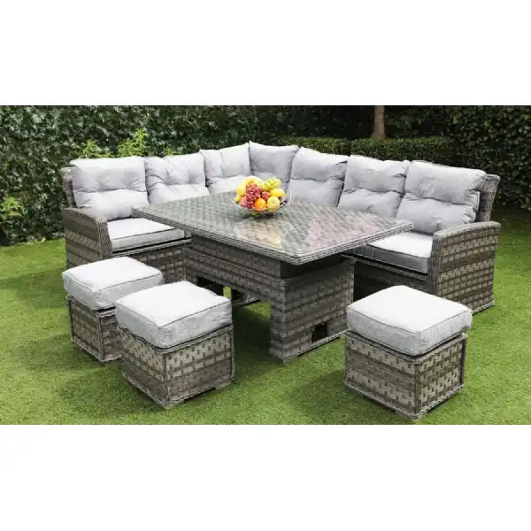 Luxury Grey Rattan Corner Sofa Dining Set with Rising Coffee Table