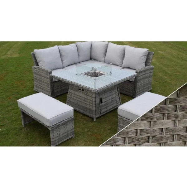 Grey Rattan Square Garden Corner Fire Pit Dining Set