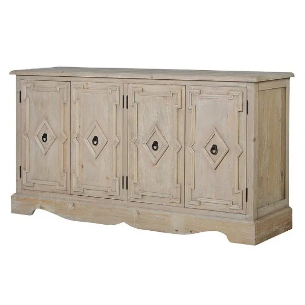 Geo Patterned Traditional Style 4 Door Sideboard Storage Cabinet