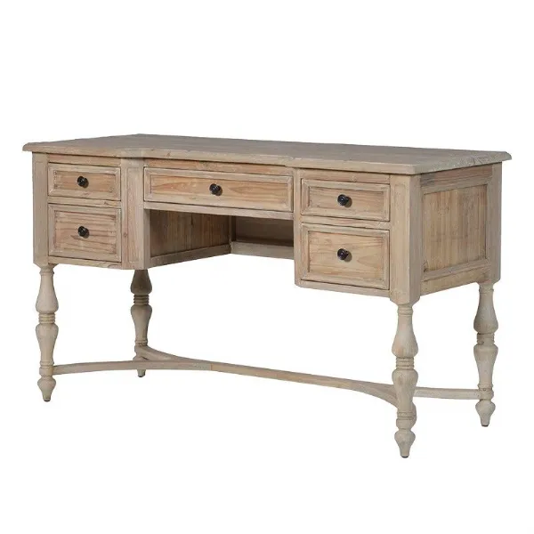 Natural Wood 5 Drawer Rustic Desk With Turned Legs and Cross Support