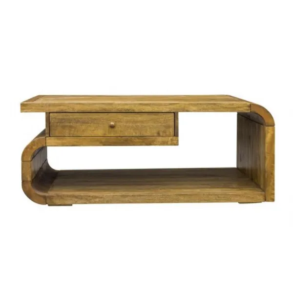 Mango Wood Rectangular Coffee Table with Drawer and Open Shelf
