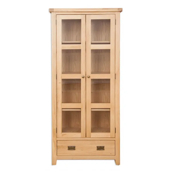 Traditional Natural Oak Display Cabinet with Glass Doors and Storage Drawer