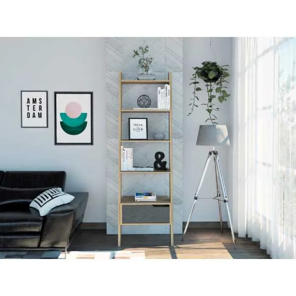 Modern Tall Bleached Pine Finish 4 Open Shelf 1 Drawer Ladder Bookcase 178x56cm