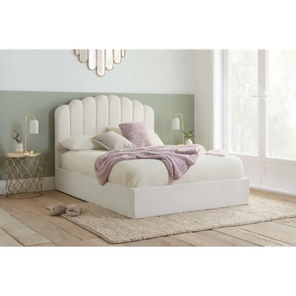 White Fabric King Size Ottoman Bed Scalloped Headboard