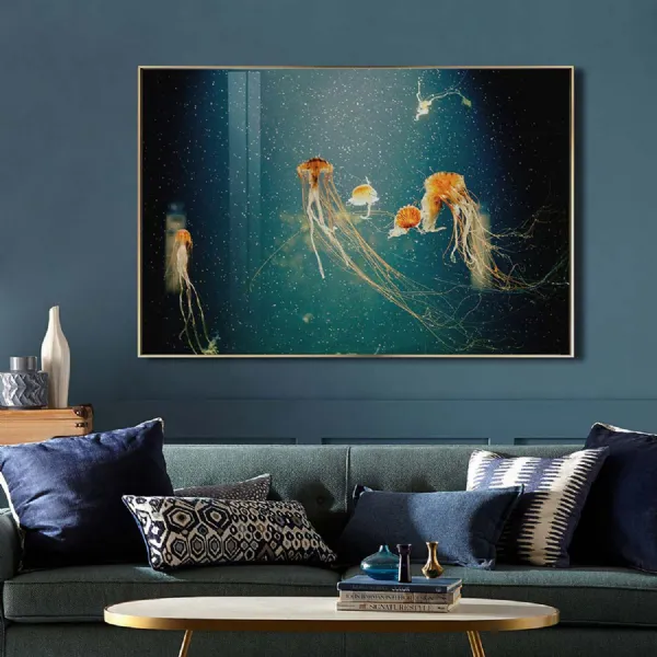 Jellyfish Glass Rectangular Large Wall Art Gold Frame