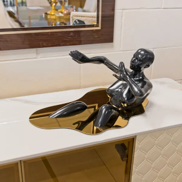 Bathing Lady Black Sculpture Gold Mirror Base