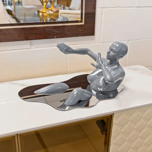 Grey Bathing Lady Sculpture Mirrored Silver Base