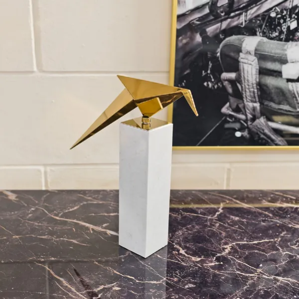 Gold Long Tailed Tit Tall Sculpture Marble Plinth Base