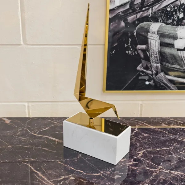 Gold Long Tailed Tit Small Sculpture Marble Plinth Base