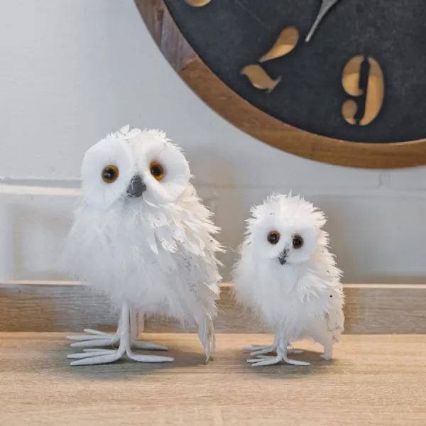 White Feather Small Owl Sculpture Silver Glitter