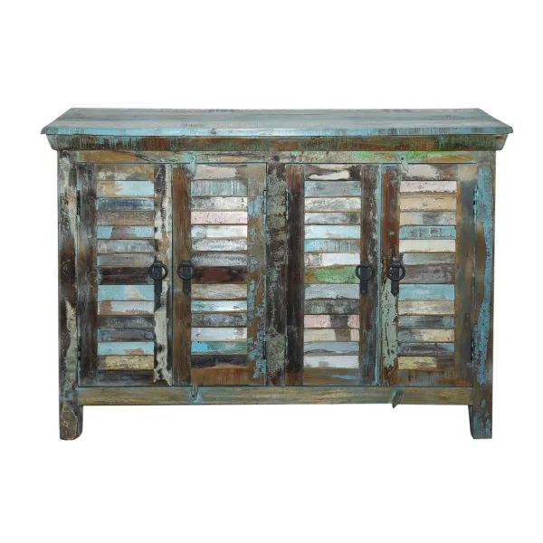 Distressed Multicolour Reclaimed Wood 4 Door Sideboard