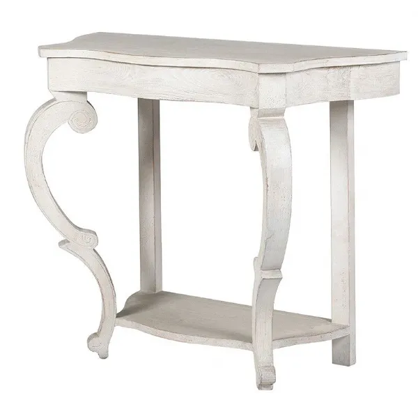 White Solid Wood Washed Side Console Table With Carved Table Legs