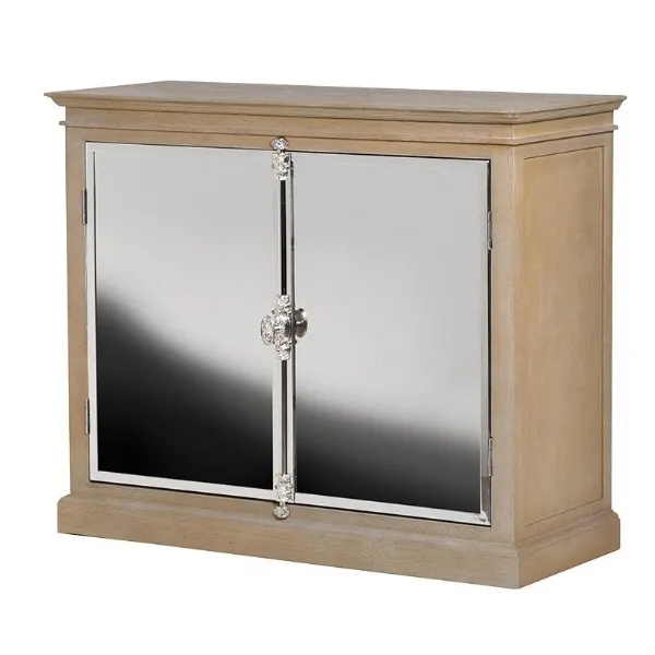Modern Oak Polished Chrome And Wood Mirrored 2 Door Cabinet