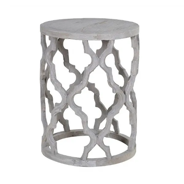 Round Grey Washed Fretwork Side End Table