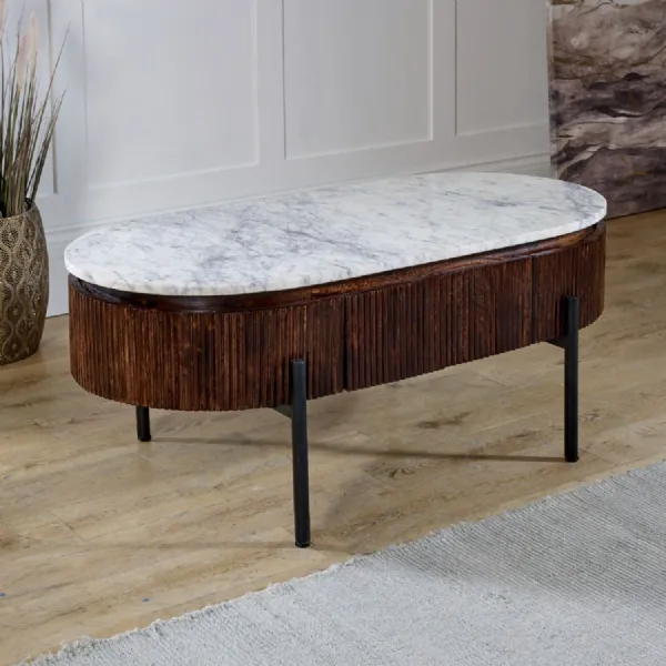White Marble Top Mango Wood 2 Drawer Fluted Coffee Table
