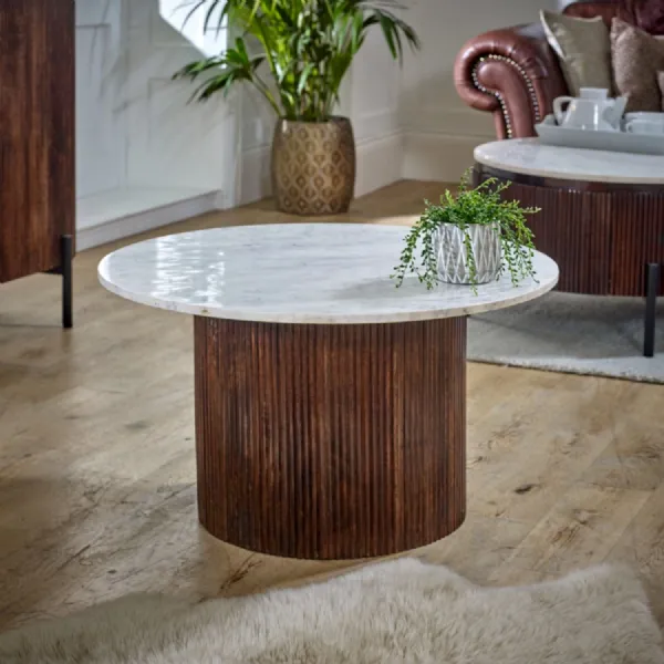 White Marble Top Round Coffee Table Dark Wood Fluted Base