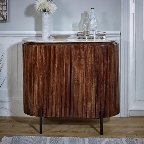 White Marble and Wood 4 Door Fluted Drinks Cabinet Sideboard