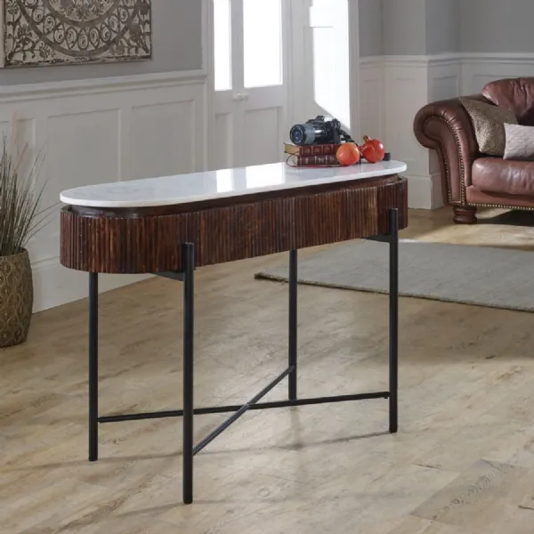 White Marble Top Dark Wood 2 Drawer Console Table Metal Legs