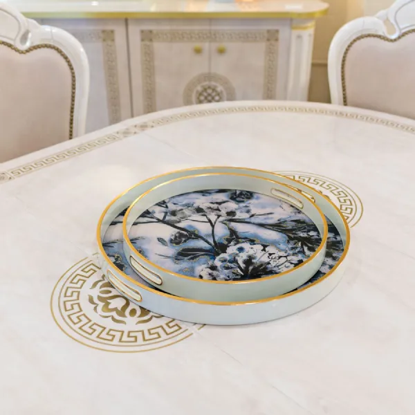White Flower Design Circular Glass Set of 2 Tray Gold Edge