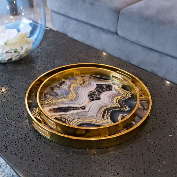 Gold Glass Oyster Design Round Set of 2 Serving Tray