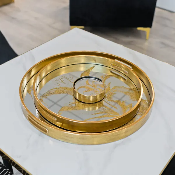 Gold Glass Leaf Design Round Set of 2 Serving Tray