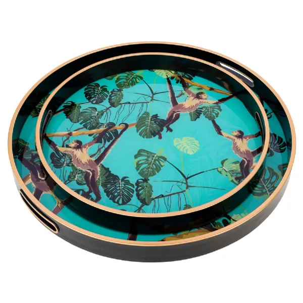 Black Glass Monkey Design Round Set of 2 Serving Tray