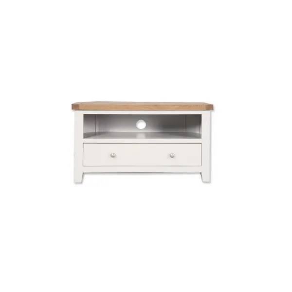 Modern White Painted Oak Corner TV Cabinet with Drawer and Open Media Shelf