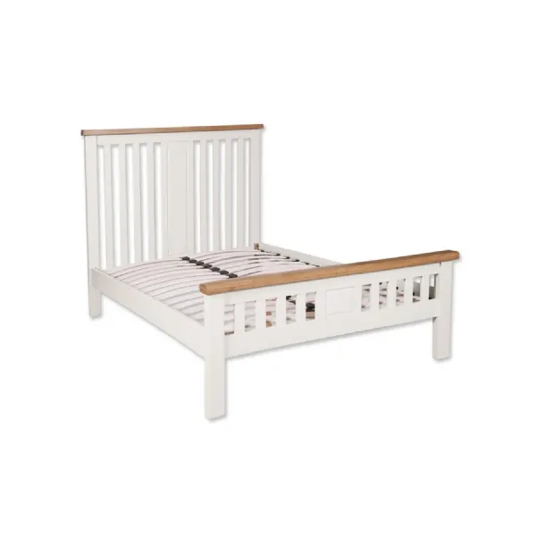 Modern White Painted King Size Bed with Oak Top Slatted Headboard and Footboard