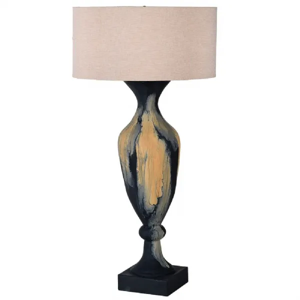 Black And Orange Textural Lamp With Linen Shade