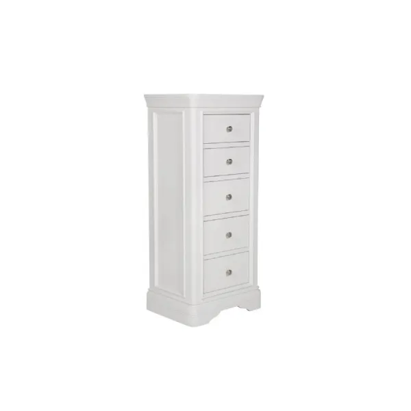 White Wooden 5 Drawer Tall Chest with Silver Handles