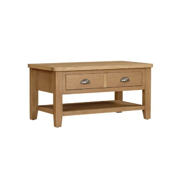 Natural Oak Small Coffee Table with Drawers and Shelf