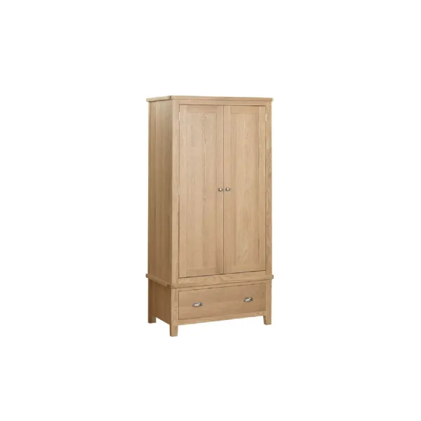 Natural Oak 2 Door 1 Drawer Tall Double Wardrobe Cup Handles