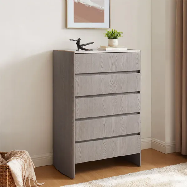 Greige Oak Sintered Stone Top Tall Chest of 5 Drawers