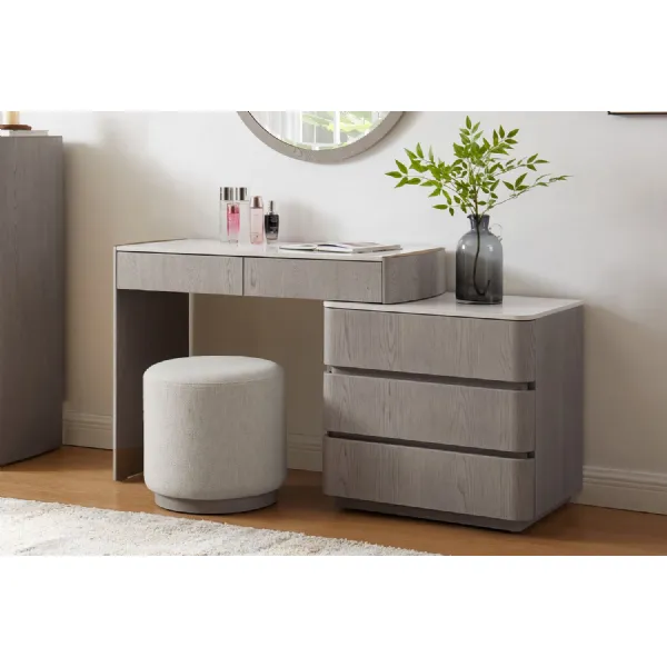 Greige Washed Oak Dressing Table with Chest of 5 Drawers