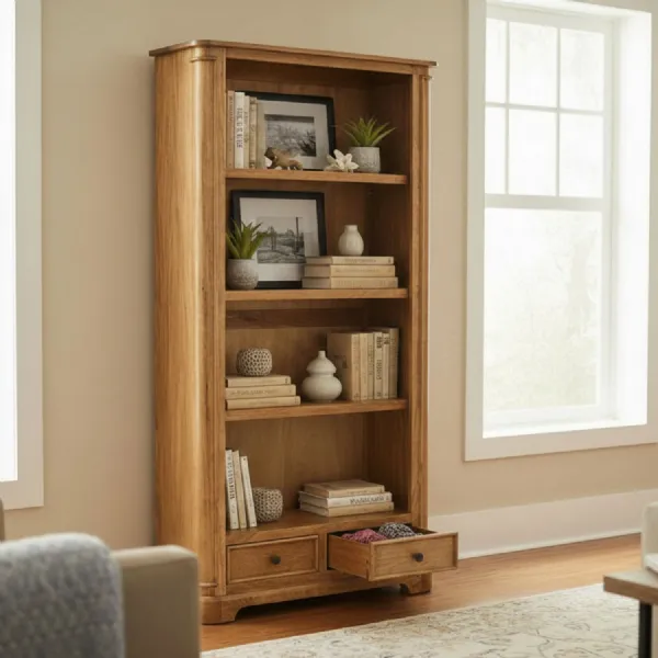 Traditional Solid Mango Wood Large Bookcase with 2 Storage Drawers