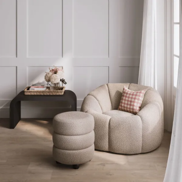 Retro Curved Buff Boucle Upholstered Swivel Accent Chair